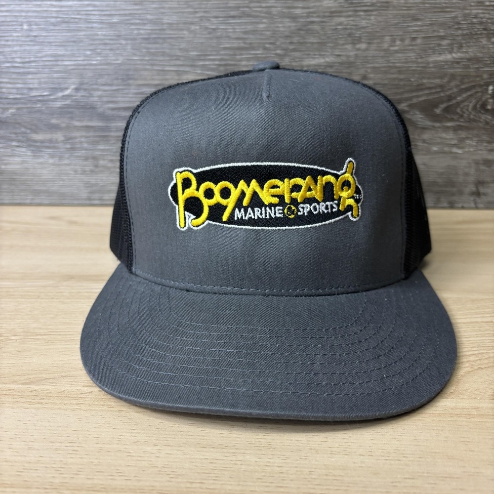 Boomerang Marine & Sports Hat Cap Snap Back Gray Black Trucker Mesh Patch Mens
